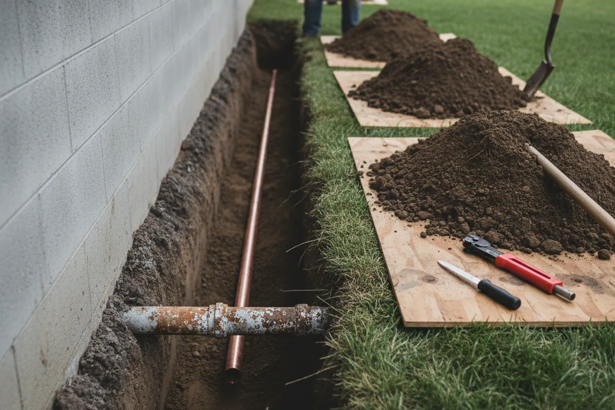 Excavated water line trench during Sewer Line Repair in Ono